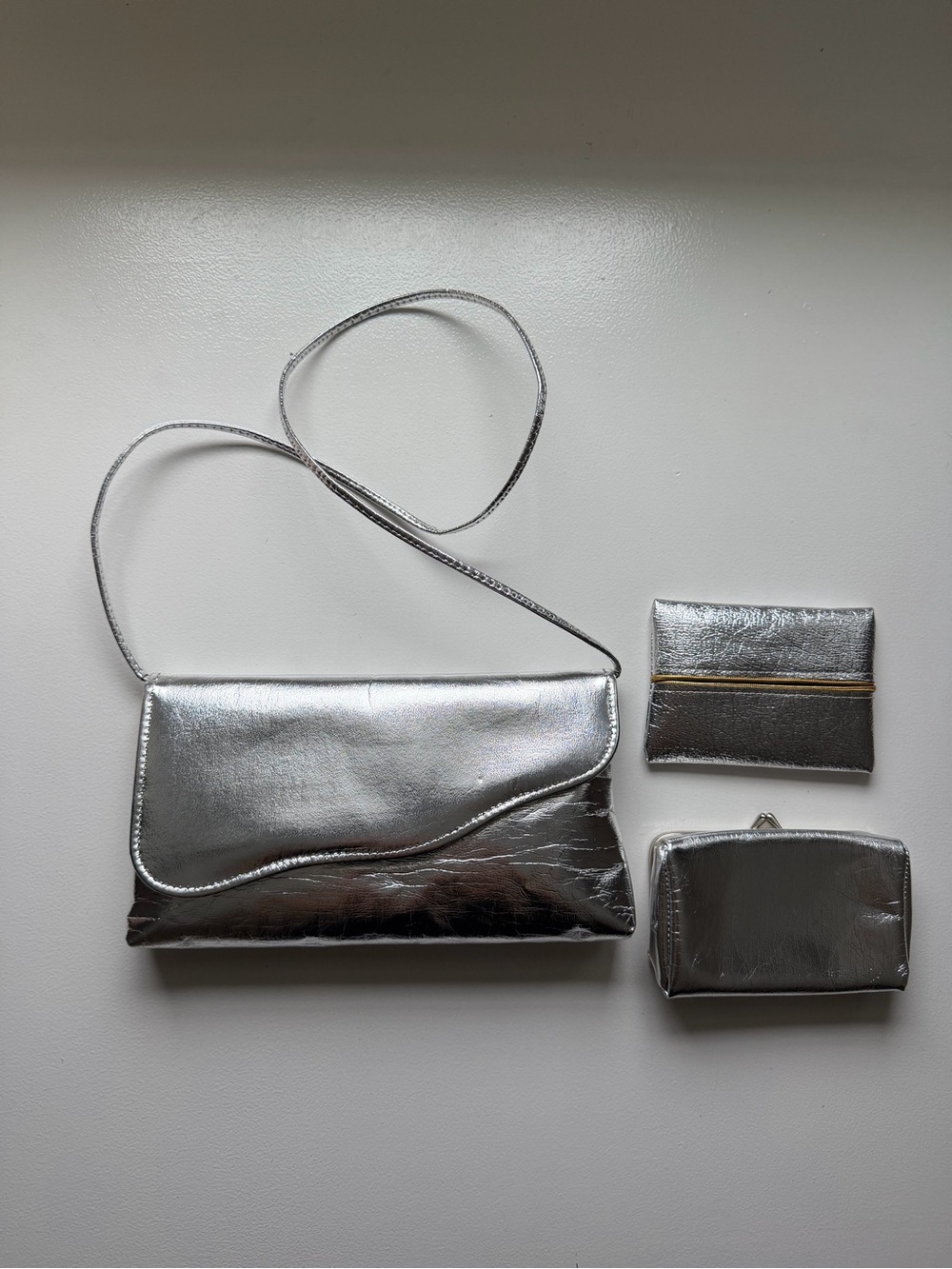 Silver Chrome Crossbody Shoulder Bag with Pouch and Coin Purse